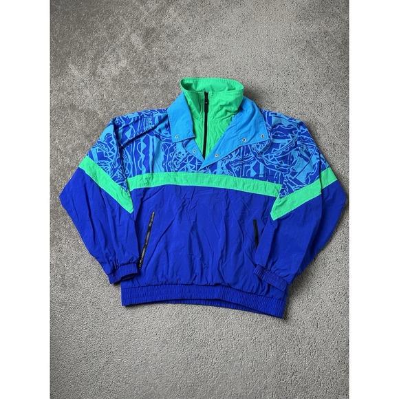 Mens Windbreaker Ocean Pacific OP Blue Green Surf Pullover Jacket Size L